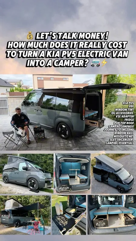 Video cover: photos of the camper and its interior, text “LET’S TALK MONEY! HOW MUCH DOES IT REALLY COST TO TURN A KIA PV5 ELECTRIC VAN INTO A CAMPER?”