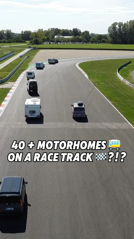 Video cover: drone view of motorhomes and caravans driving on a race track, text “40 + MOTORHOMES ON A RACE TRACK ?!?”.