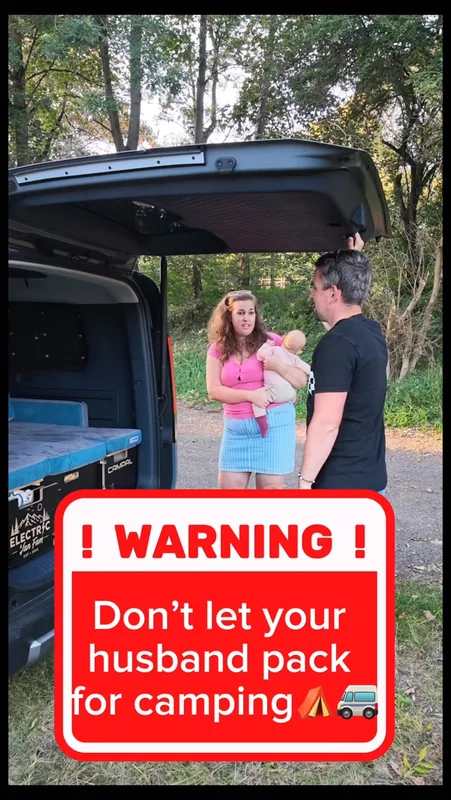 Video cover: a woman holding a baby and a man at the van’s open tailgate, text “WARNING! Don’t let your husband pack for camping”.