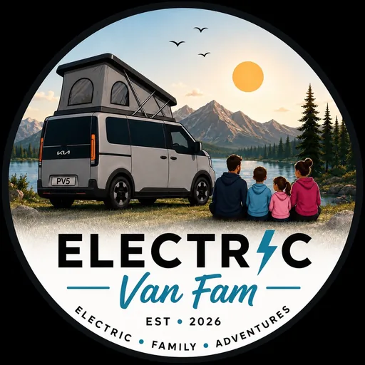 The Electric Van Fam badge: a family of four sitting by a lake next to their van with a pop-top roof